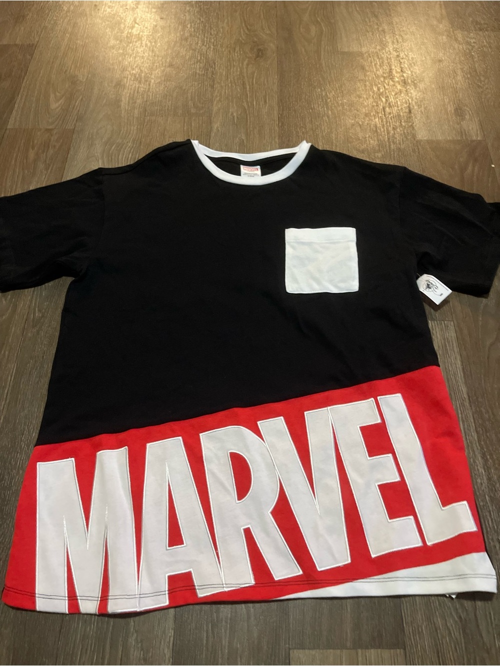 Marvel Black Tee with White Pocket and Red Logo Panel
